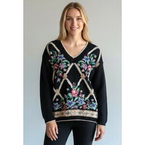 Vintage Beldoch Popper Floral Embroidered V-Neck Sweater Size Medium Cottagecore